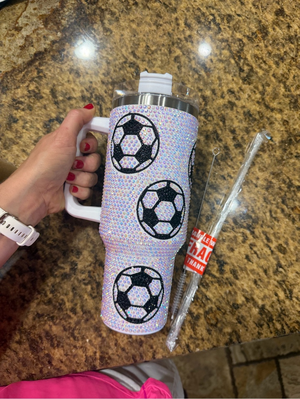 NEW - Sparkle Soccer Rhinestone Travel Tumbler - White Handle